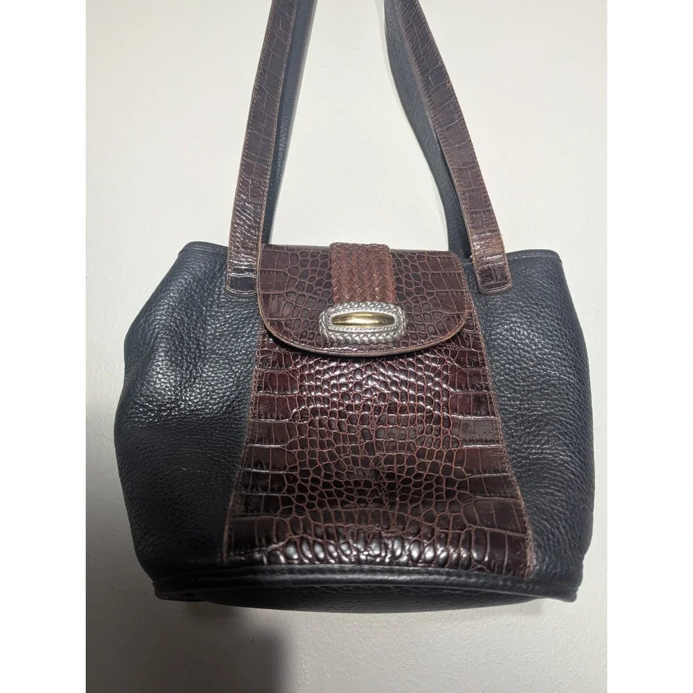 Vintage Brighton Black Pebbled Leather w/ Brown Croc Trim Shoulder Handbag